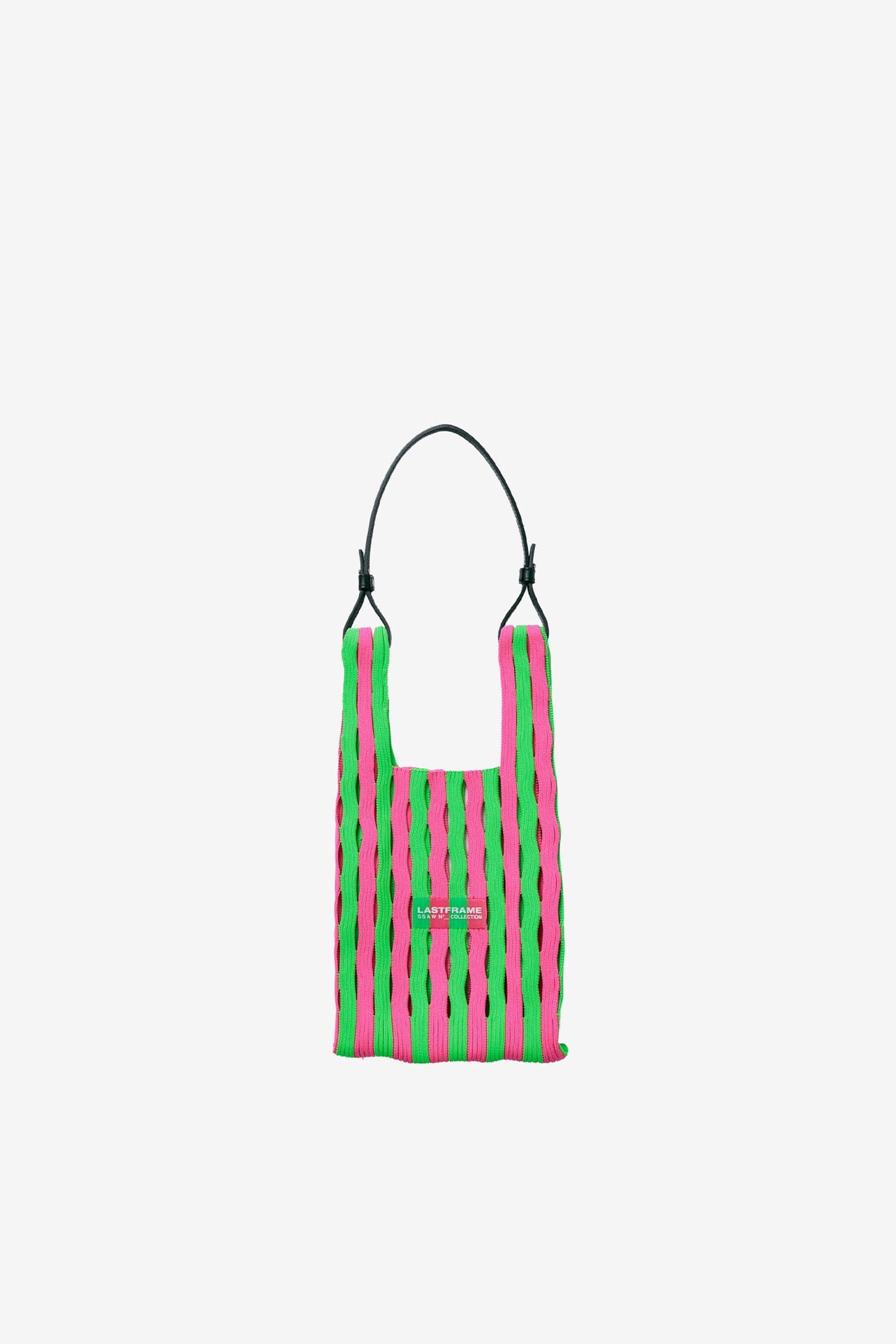 STRIPE MESH MARKET BAG SMALL / NEON GREEN × NEON PINK