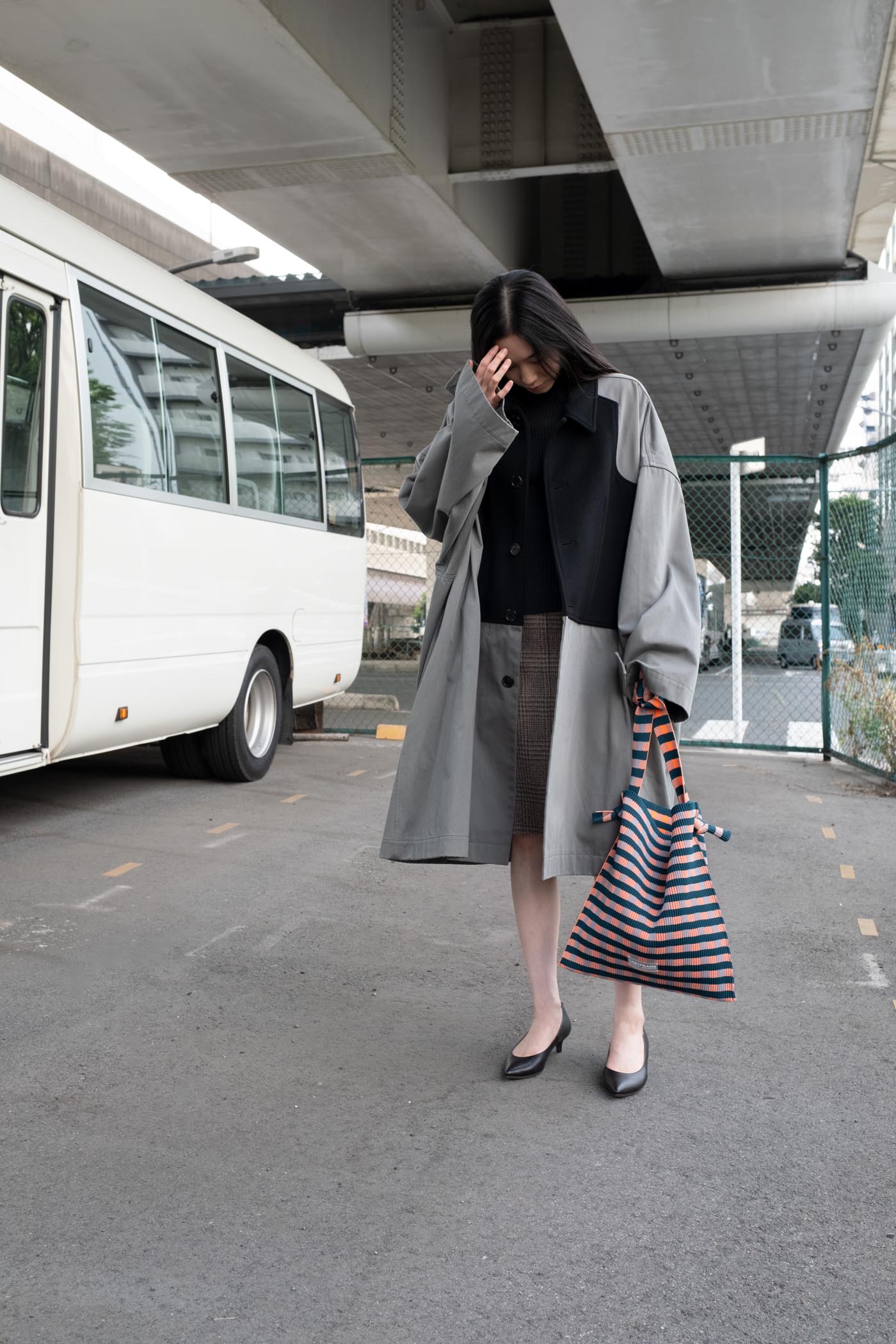MUSUBI TOTE / GRID D.Green × Orange